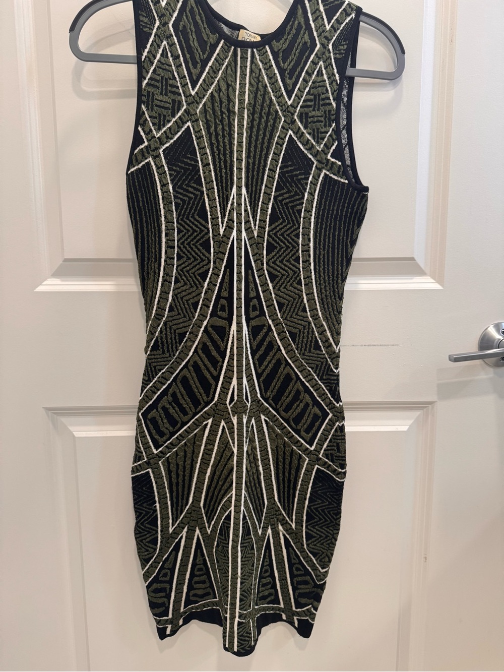 Torn by Ronny Kobo Olive, Black & White Geometric Midi Dress